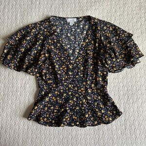 Topshop Flutter Sleeve Peplum Blouse V-neck Button Down Floral Print